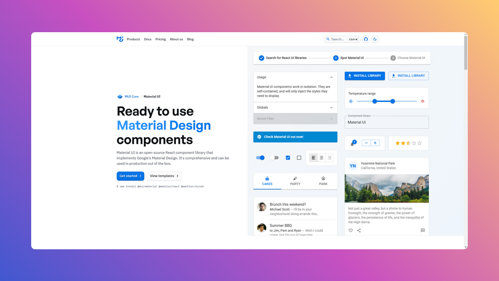 Material UI — это библиотека компонентов React с открытым исходным кодом, которая реализует Material Design от Google.