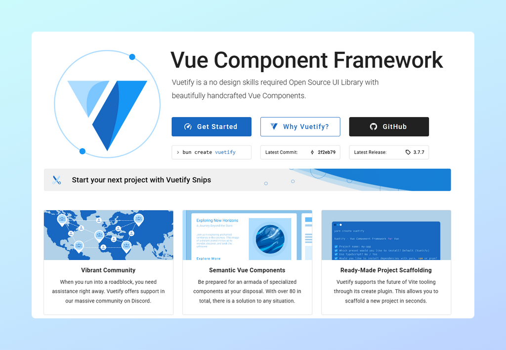 Vuetify — это библиотека, не требующая навыков дизайна и содержащая великолепно созданные вручную компоненты Vue.